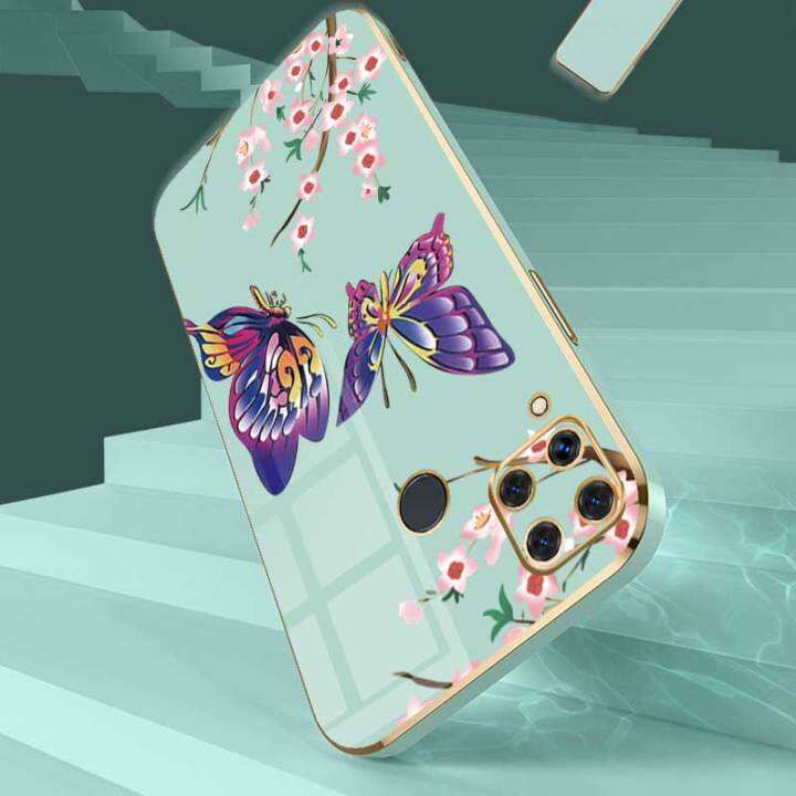 เคสสำหรับ-realme-c15ผีเสื้อสุดหรูพร้อมกล้องดอกไม้เคสโทรศัพท์ขอบซิลิโคนนิ่มฟรีสายคล้องปกป้องโทรศัพท์ขอบชุบ