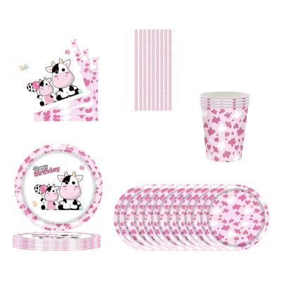 □☇┋ New Pink Farm Cow Theme Disposable Tableware Set Childrens Birthday partyDecoration Banner Table Cover Balloon Baby Shower