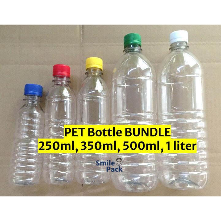PET Plastic Bottle with COLOR Caps 1 liter, 500ml, 350ml, 250ml WHITE