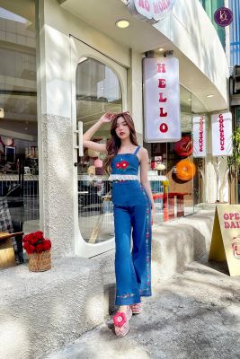 Florida Denim Set เซ็ตยีนส์2 ชิ้น เสื้อ+กางเกงขายาวงานปักทั้ง2ชิ้น ชุดวินเทจ เซ็ตวินเทจ