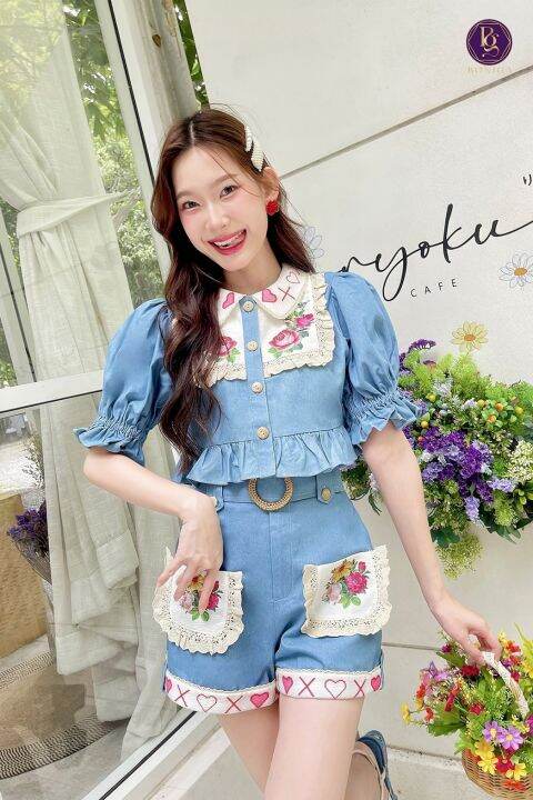 boniga-veronica-denim-set-สียีนส์-b038-ชุดเข้าเซ็ท-ชุดยีนส์เข้าเซ็ท-3-ชิ้น-เสื้อยีนส์งานปัก-กางเกงขาสั้น-เข็มขัด