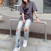 เสื้อ Spice Girl Ripped Hole Straight Slim Jeans Women 2023 Summer Vibe Style Autumn High Waist Slit Zipper Mopping Pants