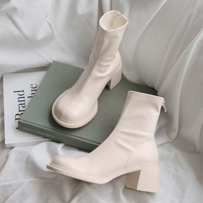 top●ZAZA Martin boots White ankle boots big toe elastic skinny boots thick heel Kasut Perempuan Korean Style