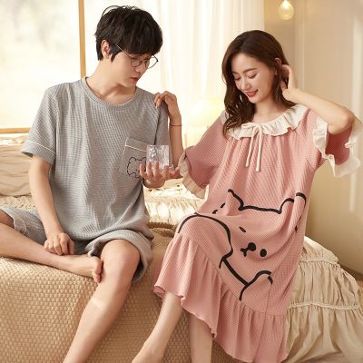 2023 new Fashion Waffle Cotton Sleepwear for Couples Summer Short Mens Pajamas Set Womens Sleeping Dress Female Male Pjs