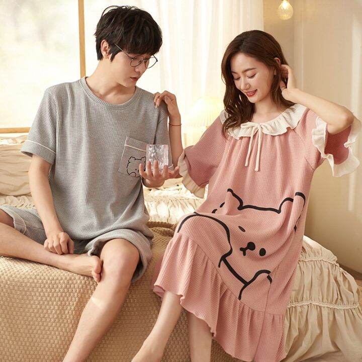 2023-new-fashion-waffle-cotton-sleepwear-for-couples-summer-short-mens-pajamas-set-womens-sleeping-dress-female-male-pjs