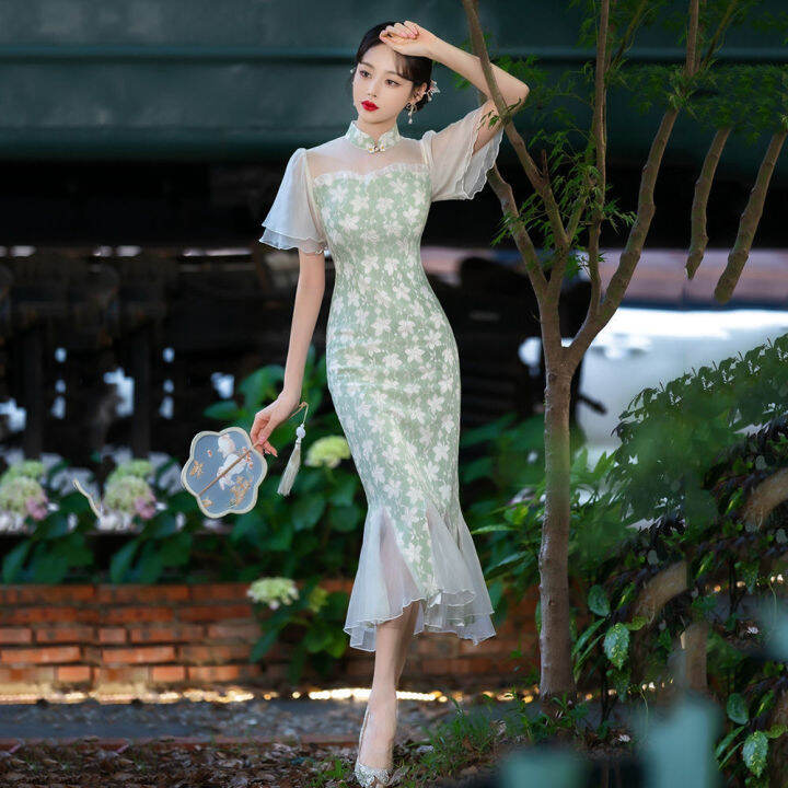 available-green-blue-cheongsam-french-floral-short-sleeve-chiffon-vintage-fishtail-dress-slim-wedding-costumes-elegant-qipao-s-to-xxl