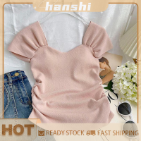 hanshi [2023 new HOT FASHION] lazlook เสื้อยืดถักเข้ารูปคอปกสี่เหลี่ยมสีพื้นสไตล์เกาหลีสำหรับผู้หญิงฤดูร้อน