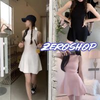 Zero shop?พร้อมส่ง? (Zero-31021)  ชุดเดรสไหมพรม แขนกุดเอวเข้าปลายปล่อยใส่สบายมาก  -C