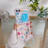 เคสฝาพับซิลิโคนนิ่มแบบพับได้สำหรับ Samsung Galaxy Z Flip 5 4 3 Zflip5สร้อยข้อมือดอกไม้ทำจากซิลิโคนโปร่งใสพับได้ฝาหลังกันกระแทก