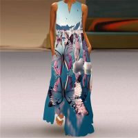 2023 summer womens fashion sexy digital printed long skirt V-neck sleeveless pocket European dress S-5XL