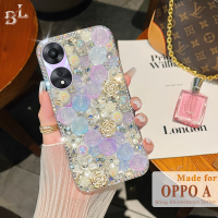 เคส OPPO A78 5กรัม A17 A17K A77s A57 3D A78 5กรัม A96 A76 A95 A55 A74 A95 5กรัมเคสกากเพชรส่องแสงเป็นประกายวิบวับพลอยเทียม A54ไข่มุกหรูหรากุหลาบสว่างเคสโทรศัพท์ภาพดอกไม้สำหรับสาวๆ