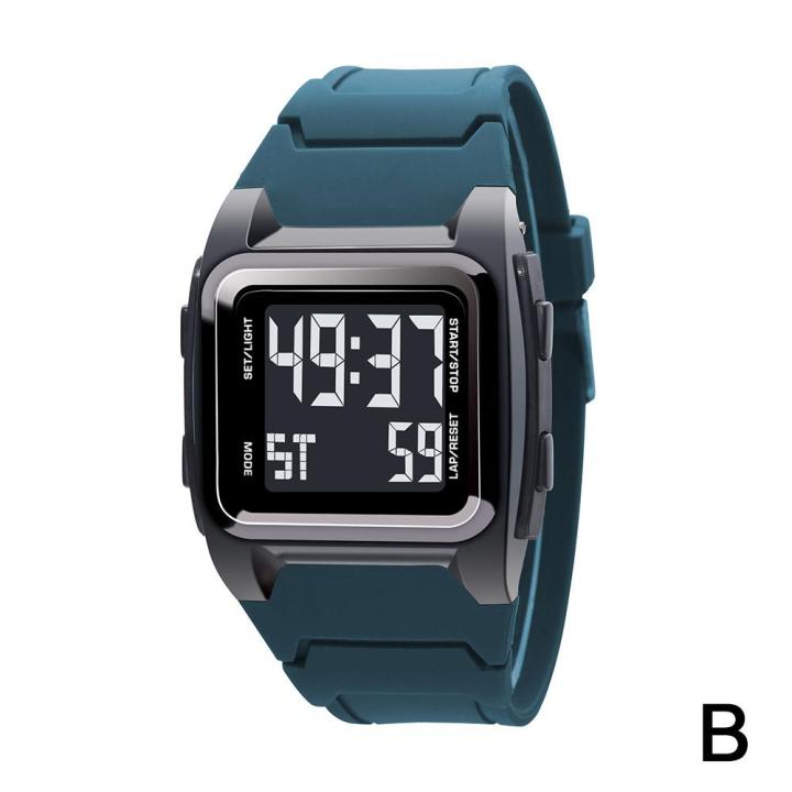 นาฬิกาสปอร์ต-jam-tangan-elektronik-ดิจิตอลหน้าปัดเหลี่ยมสำหรับผู้ชายกันน้ำเรืองแสงได้หลายนาฬิกาปลุกภายนอกนาฬิกาสำหรับผู้ชาย-d4k5