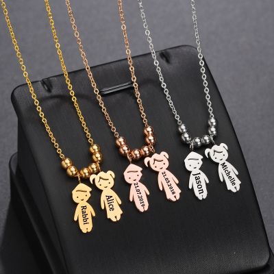 Acheerup New Custom Name Boy Girl Pendant Necklace Stainless Steel Personalized Date Kids Figure Necklaces Family Birthday Gifts