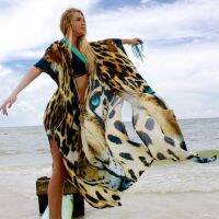 บิกินี่ Cover-Ups Sexy Tiger Pattern Print Kimono Robe Plage Swimsuit Cover Up Boho Loose Long Dress