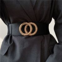 New Wide Waistbands For Coat Women Black Elastic Cummerbunds Dress Alloy Gold Big Circle Buckle Belts Fashion Girl Waist Seal