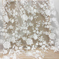 【2023】1 Yard Off white clear sequin floral tulle embroidery lace fabric by yard, bridal gown wedding dress couture lace