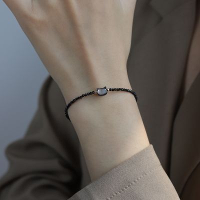 [COD] and white cat 14K gold bracelet adjustable natural crystal pearl black spinel niche