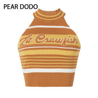 PEAR DODO เสื้อเสื้อกล้ามลายขวางสำหรับผู้หญิงพร้อมตัวอักษรแขวนคอคอกลมเกาหลี