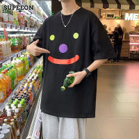 SUPEEON丨เสื้อลำลองแขนสั้นคอกลมหลวมเสื้อยืดพิมพ์ลายยิ้มง่ายๆของผู้ชาย