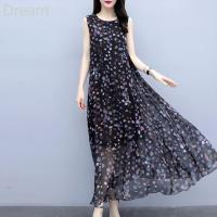 Large size western style floral printed chiffon dress summer new slimming belly covering over the knee sleeveless vest dress V729