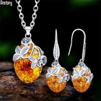 Retro Oval Synthetic Ambers Jewelry Set For Women Antique Silver Plated Necklace Earrings Fashon Flower Pendant Sets