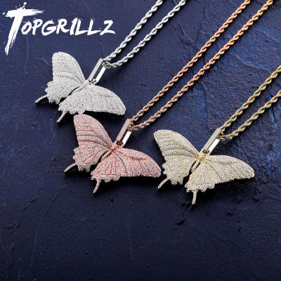 TOPGRILLZ New Iced Out Full Cubic Zircon Smaller Butterfly Wings Pendant&amp;Necklace Gold Silver Color Hip Hop Charm Jewelry
