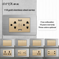 DIYA Outlet Socket for Wall 1/2/3/4 Gang 1/2 Way Wall Switch for Light 220V Electrical Switch and Outlet for House Universal 3 Pin Plug Outlet with USB Modern Button Light Switch Off on Lamp 15amp Wall Outlet Socket with Switch Gold Lan Wall Socket Outlet