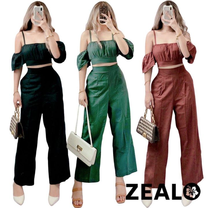 ZEALO Peyton Spaghetti Strap Off Shoulder Crop Top and High Waist Wide ...