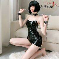 [Free ship] lingerie leather clothing hollowed-out queen dress handcuffs chain uniform seductive neck ring elastic wrapping chest dress