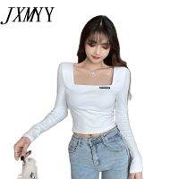 JXMYY 2021 New Autumn Tight-Fitting Fashion All-Match Square Neck Long-Sleeved T-Shirt High Waist Short Bottoming Shirt Women