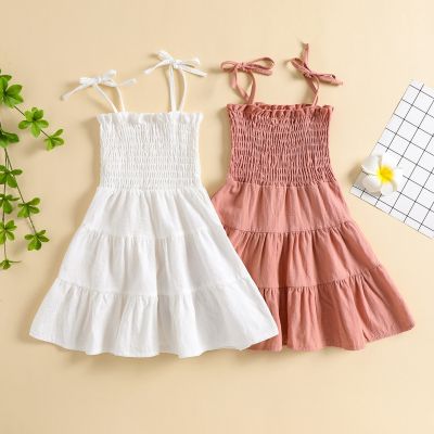 Children Infant Kids Baby Girl Dress Solid Color Pleated Elastic Chest Tie Up Sling Shoulder Straps Casual Cake Gown 6M-4T