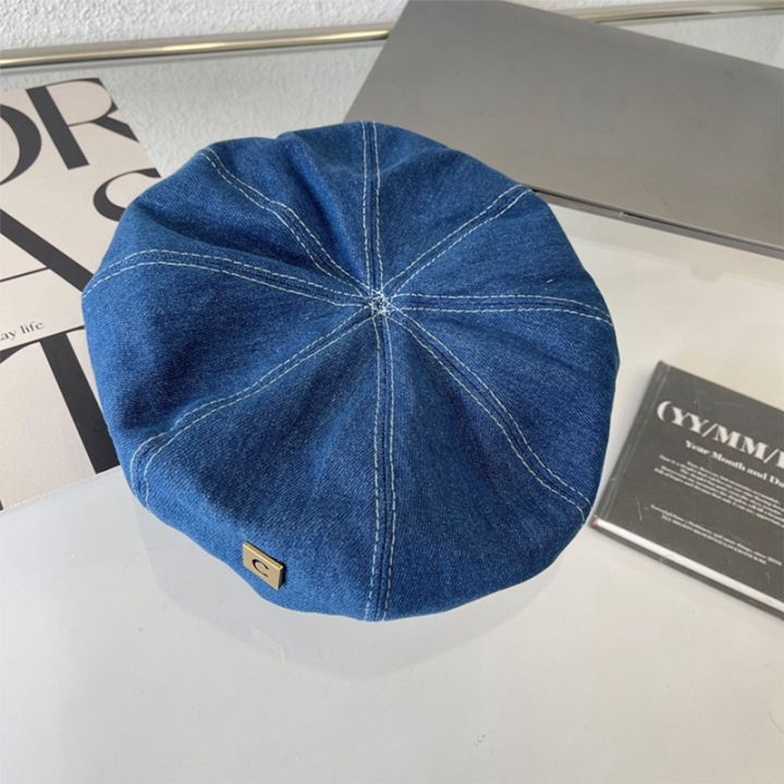 lahde-หมวกหมวกเบเร็ตเดนิมผู้หญิงหมวกเบเร่ต์สีฟ้าหมวกแก๊ปศิลปินลำลองย้อนยุคหมวกเบเร่ต์ตกแต่งกลางแจ้ง55-59ซม