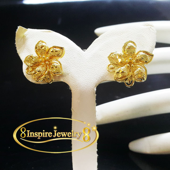 inspire-jewelry-ต่างหูรูปดอกไม้-สีทอง-ปักก้าน-แบบร้านทอง-สรีระสวยงาม-ปราณีต