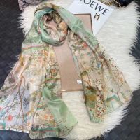 ⊕❣✴ BYSIFA Light Green Silk Scarf Ladies Fashion Spring Summer Floral Beach Scarves Shawls Fall Winter Long Scarves Wraps 180x110cm