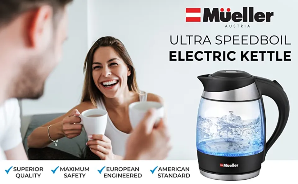 Mueller Ultra Kettle: Model No. M99S 1500W Electric Kettle with SpeedBoil Tech 1.8 Liter Cordless with LED Light Borosilicate Glass Auto Shut-Off