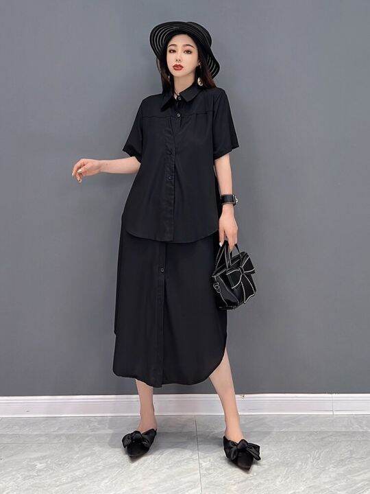 xitao-dress-women-loose-false-two-pieces-shirt-dress