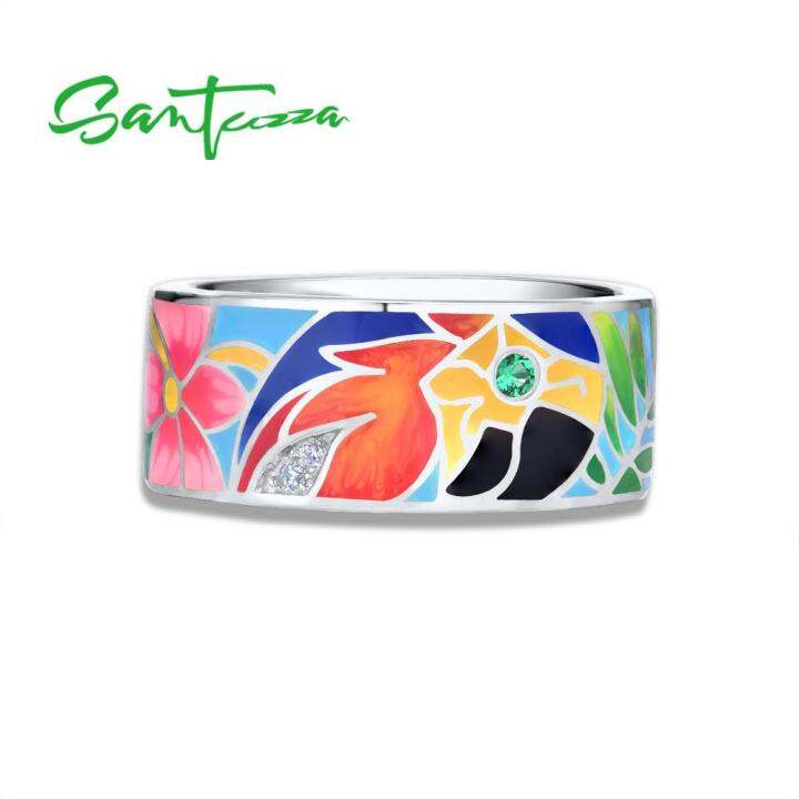 santuzza-silver-rings-for-women-925-sterling-silver-white-cz-handmade-enamel-lovely-parrot-unique-ring-party-fashion-jewelry