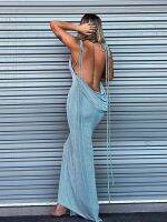 Hugcitar Swing Backless แขนกุด Drawstrings Hollow Out Slit เซ็กซี่ Maxi พรหมชุด2023ฤดูร้อนผู้หญิง Party Y2K Robe