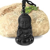 ZZOOI Natural Black Obsidian Hand Carved Maitreya Buddha Owl Palm Lucky Amulet Pendant Necklace Fashion Jewelry Energy Healing Gift