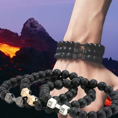 Men Natural Black Volcanic Lava Stone Dumbbell Bracelet Black Matte Beads Bracelets for Women Yoga Fitness Barbell Jewelry