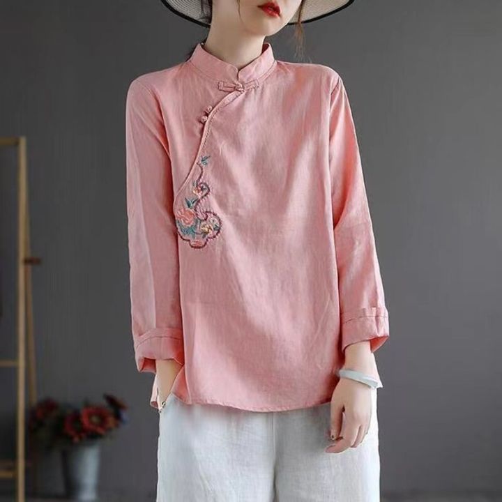 เสื้อผ้าสตรีจีนดั้งเดิม2023-เสื้อเชิ๊ตแขนยาวเสื้อเชิ๊ตฝ้ายลินิน-hanfu-qipao