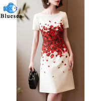 Women Summer Dress Rose Petal Print Slim Fit Round Neck Short-sleeved A-line Skirt Dress