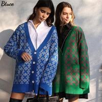 Women V-neck Checkered Print Knitted Cardigan Fashion Female Buttons Casual Long Sleeve Sweater Cardigan With Pocket 2021 Autumn