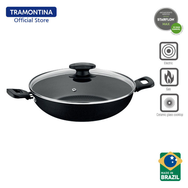  TRAMONTINA, Nonstick Wok Pan with Lid, Deep Frying Pan,  Starflon Max, PFOA Free, Frying pan with tempered glass, Non stick frying  pans, Heat Resistant Handle, Dishwasher Safe, Gas Stove