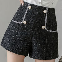 Autumn New High Waist Tweed Shorts Women Casual Loose Ladies Korean Fashion Slim Button Zipper Shorts Feminino All-match Bottoms