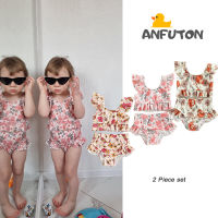 ANFUTON ชุดว่ายน้ำเด็กผู้หญิงเด็กวัยหัดเดินแบบแฟชั่น6M-3Y เสื้อครอปชุดระบายแขนสั้นพิมพ์ลายดอกไม้/วัวควาย + ชุดชายหาดกางเกงขาสั้นเล่นน้ำ