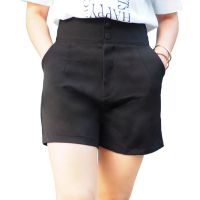 กางเกงขาสั้นผู้หญิง กระดุมคู่เอวสูง (ผ้าฮานาโกะ) (S-5XL)