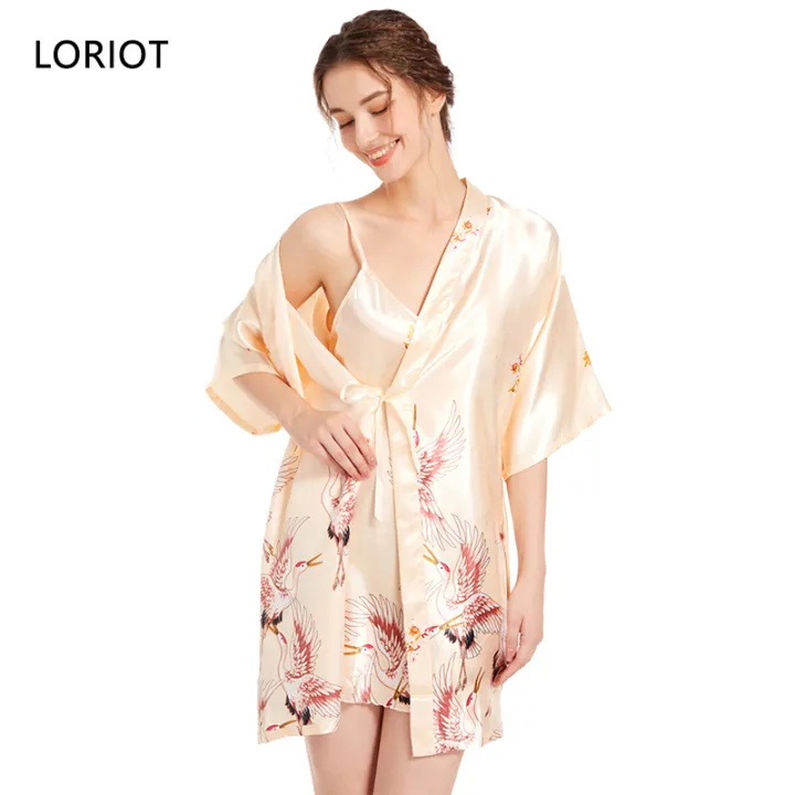 LORIOT Satin Printed Robe Nightdress Set For Women Pajamas Pyjamas Nightwear  Sleepwear Sexy Casual SA1397 | Lazada PH