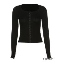 BIGMALL-Women Long Sleeve U-neck Casual Buttons Cardigan Crop Tops for Shopping Daily Wear