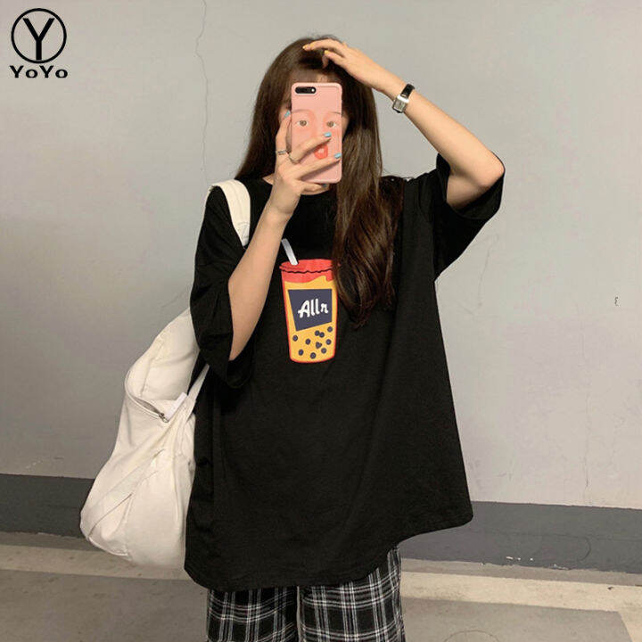 yoyo-เสื้อยืดแฟชั่นผู้หญิงins-คอกลมแขนสั้น-ทรงหลวมสายเก๋-สไตล์เกาหลี-รุ่นd067